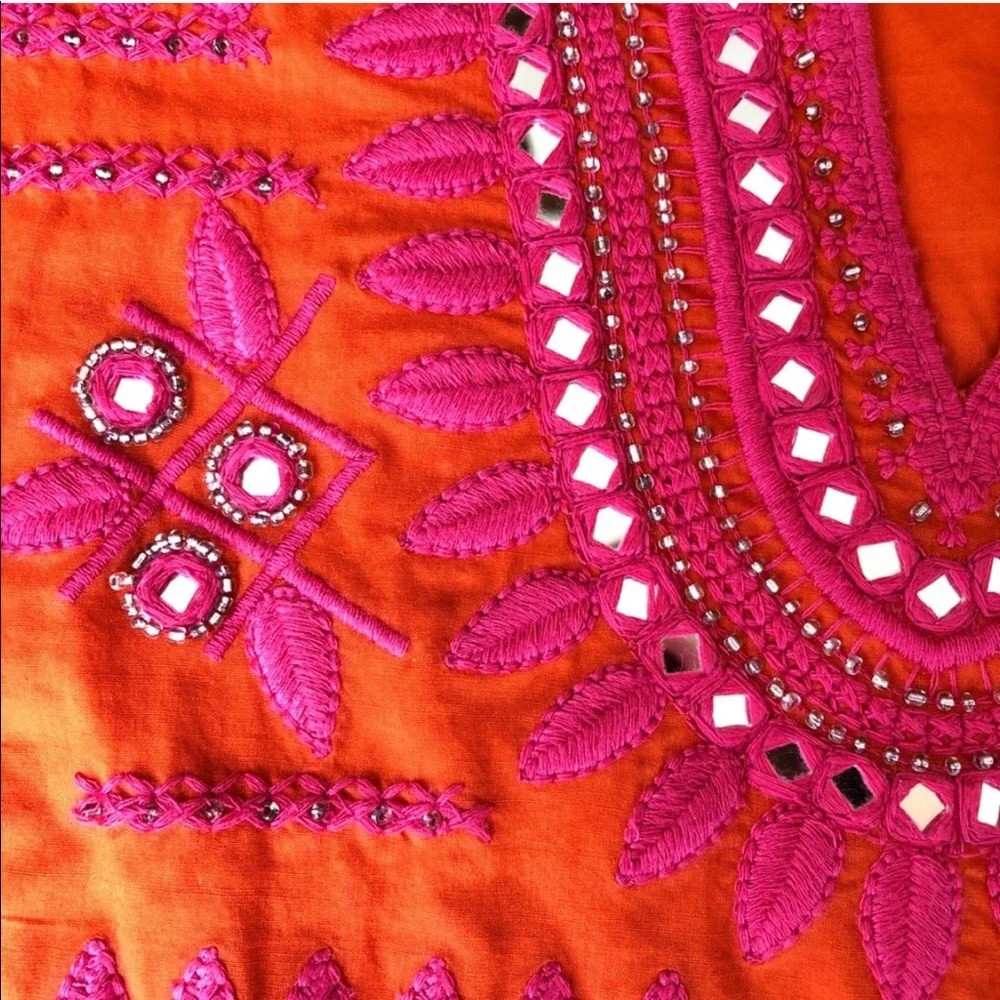 TORY BURCH boho cotton embroidered baby doll long sleeve top orange size 4